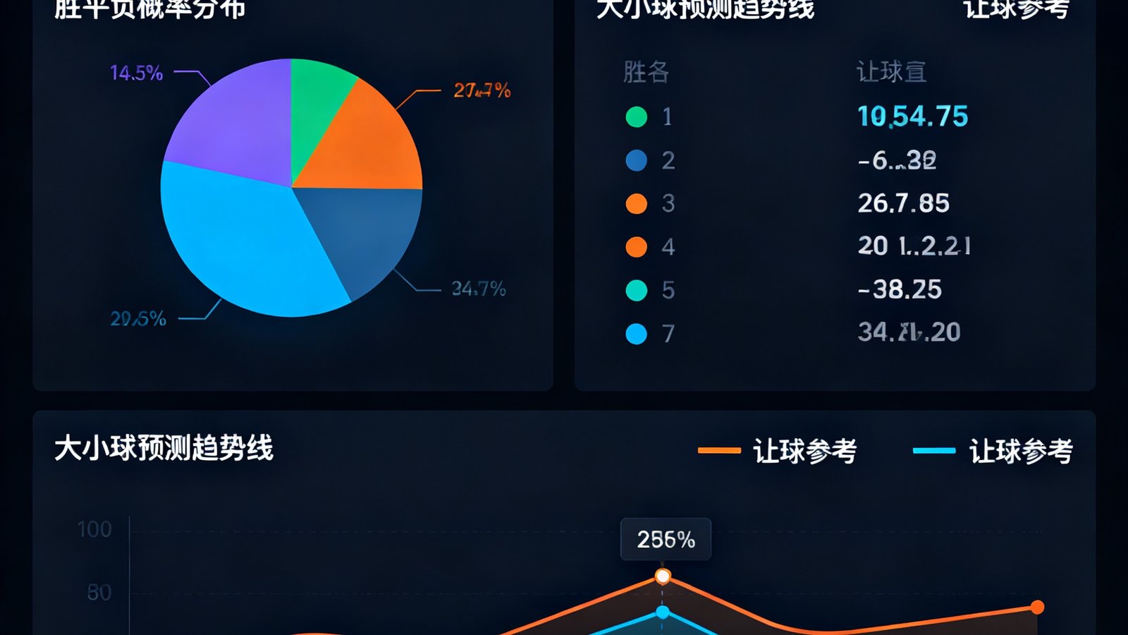 88看球智能预测系统界面截图，显示胜平负概率分布饼图、大小球预测趋势线和让球参考数值，界面以深色主题呈现，数据清晰可读